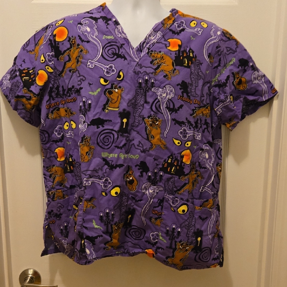Purple Scooby Doo Cartoon Print Scrub Top Large Halloween Shirt